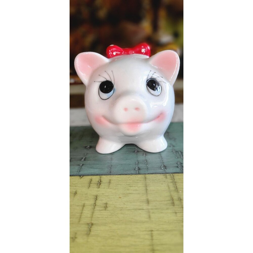 Vintage Adorbs BIG EYE Pig Piggy Bank with Red Polka Dot Bow Ceramic TAIWAN